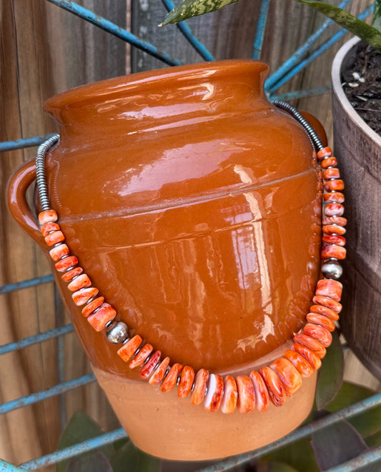 Graduated Orange Spiny Necklace with Sterling Silver Pearls