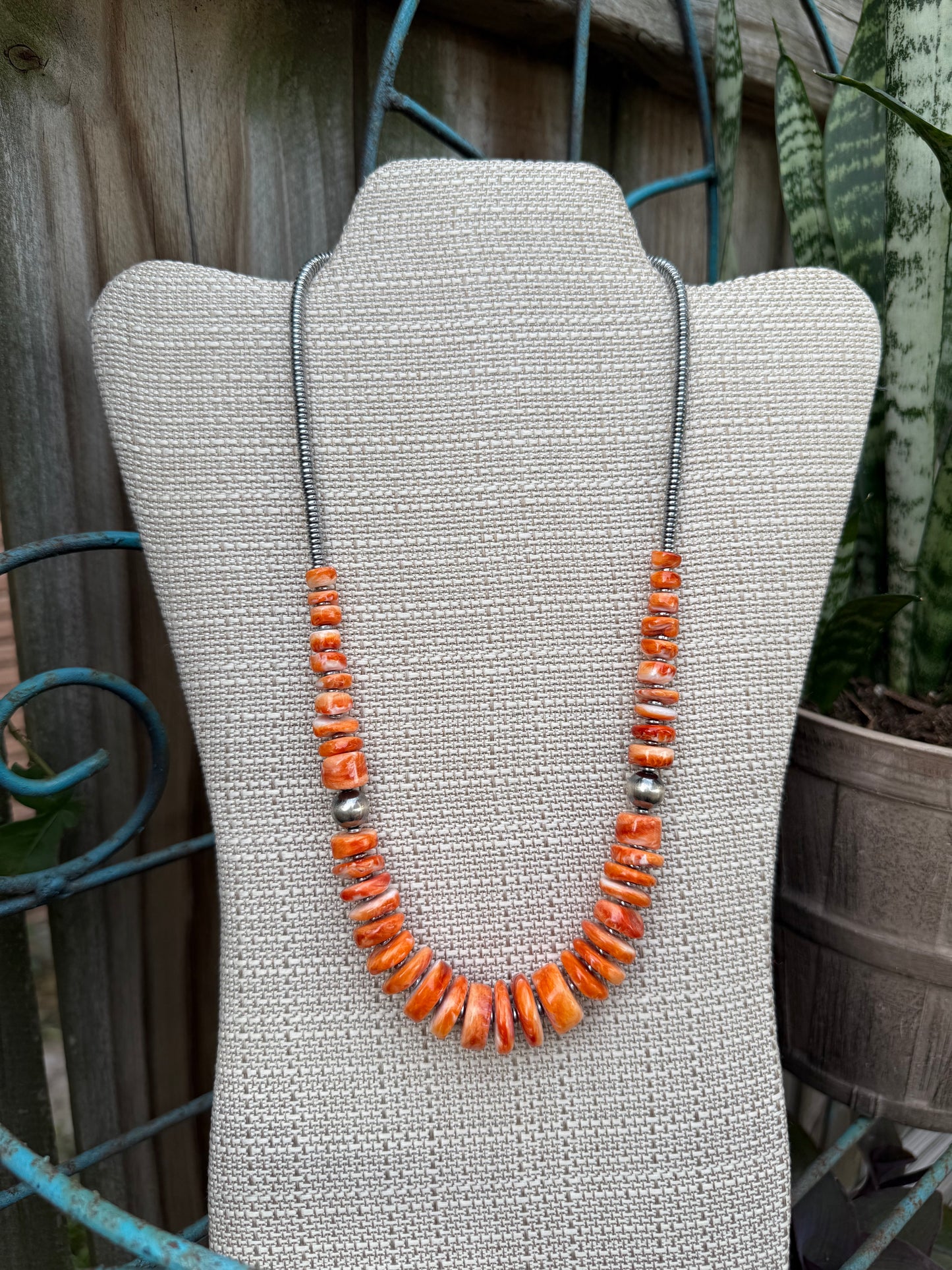 Graduated Orange Spiny Necklace with Sterling Silver Pearls