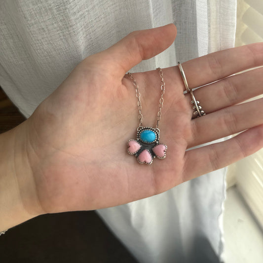 Pink Conch and Kingman Turquoise Petal Necklace