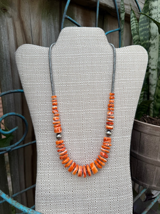 Graduated Orange Spiny Necklace with Sterling Silver Pearls