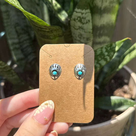 Navajo Sterling Silver Mini Bear Paw Earrings with Turquoise