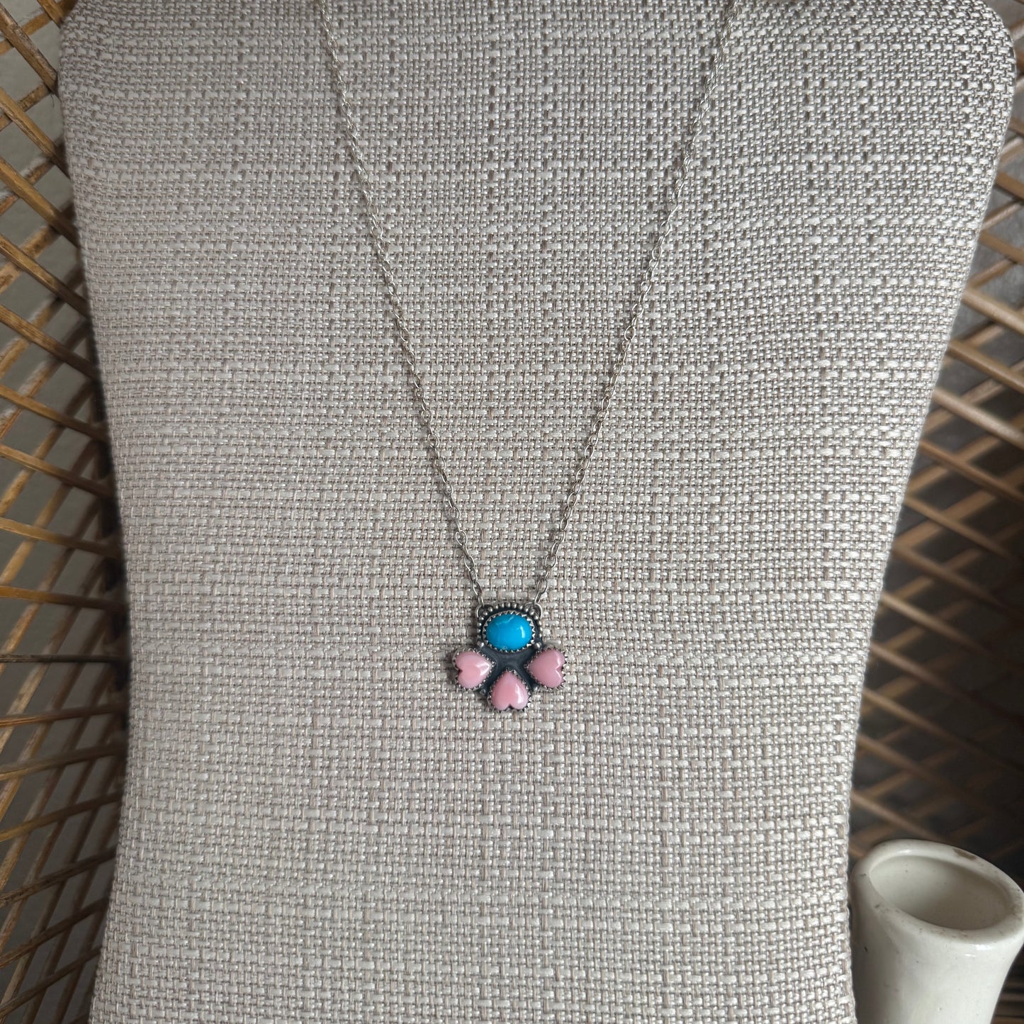 Pink Conch and Kingman Turquoise Petal Necklace