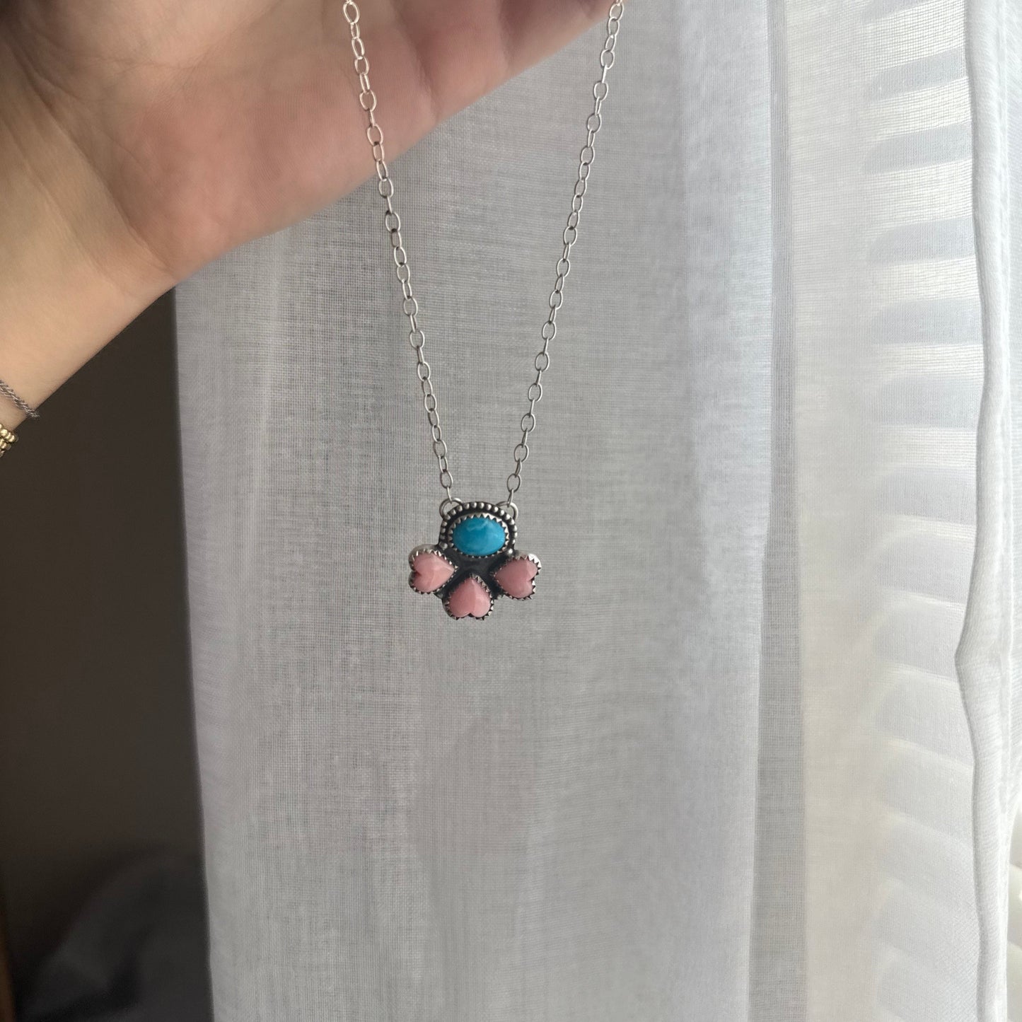 Pink Conch and Kingman Turquoise Petal Necklace