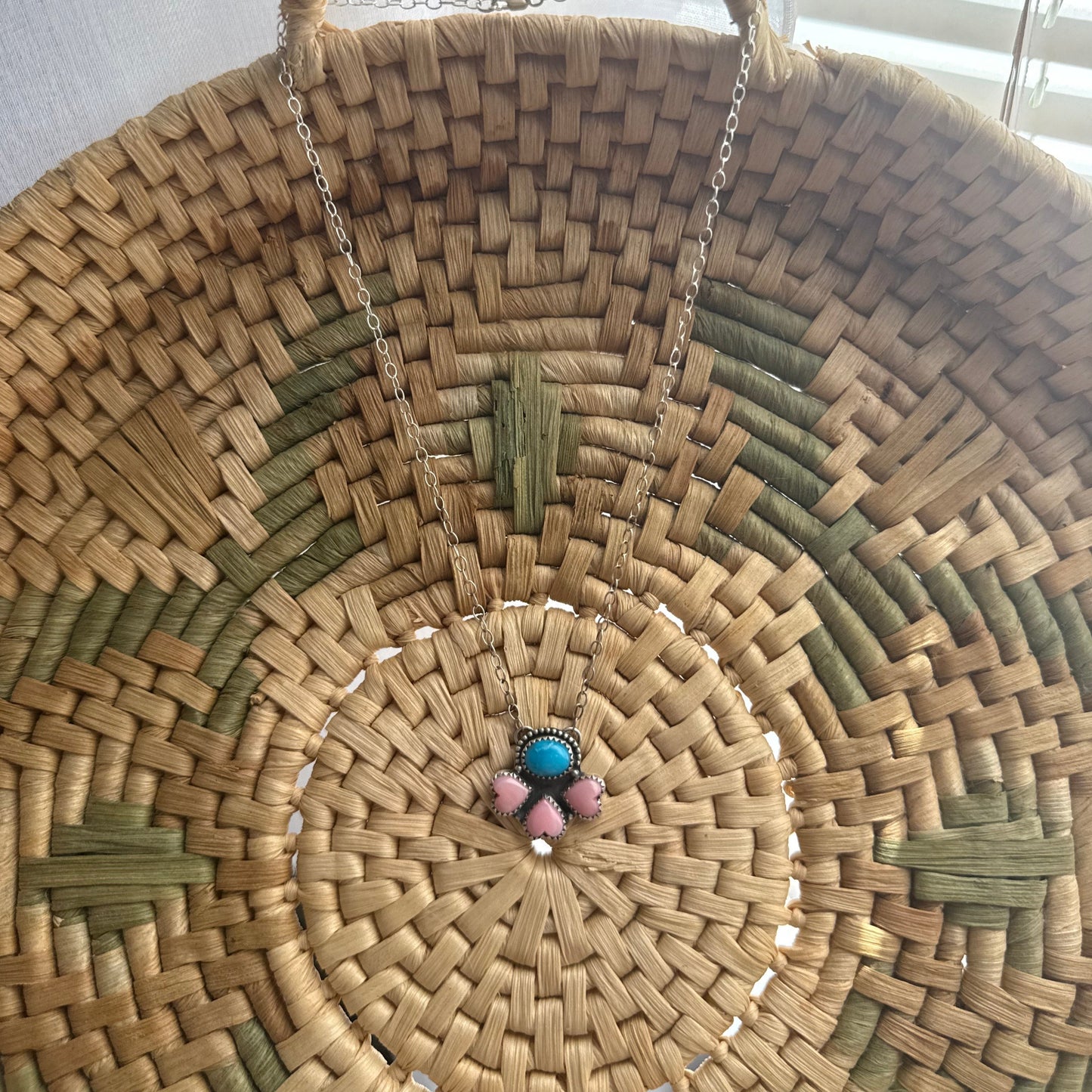 Pink Conch and Kingman Turquoise Petal Necklace