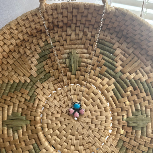 Pink Conch and Kingman Turquoise Petal Necklace
