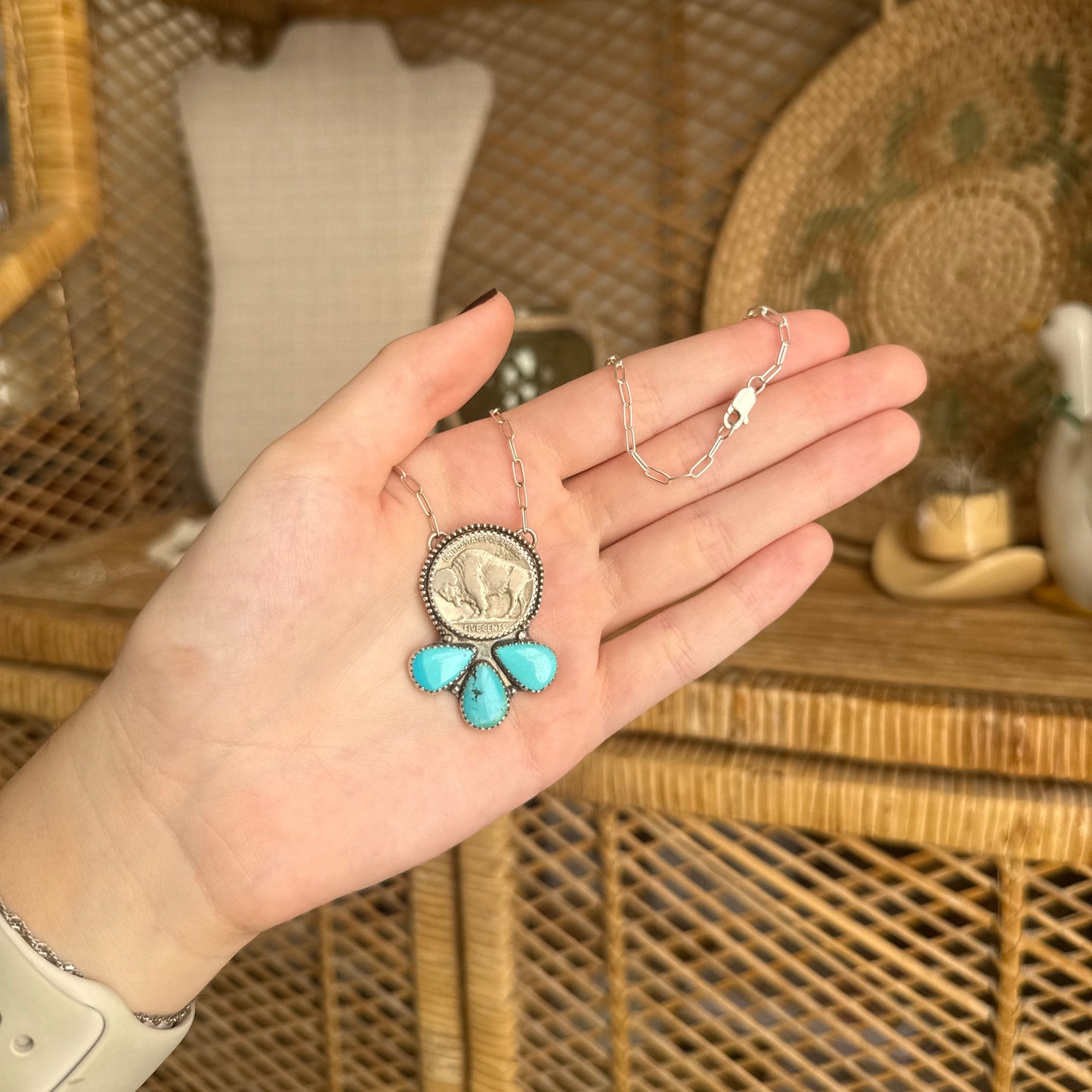 Turquoise Cluster Necklace with Buffalo Coin